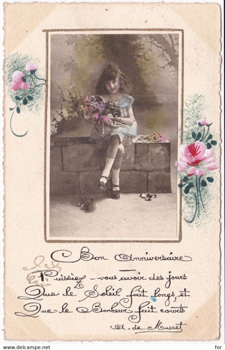 Fête : Bon Anniversaire : Collage : Fille Tenant Un Bouquet De Fleurs -  édit. E M E - Geburtstag