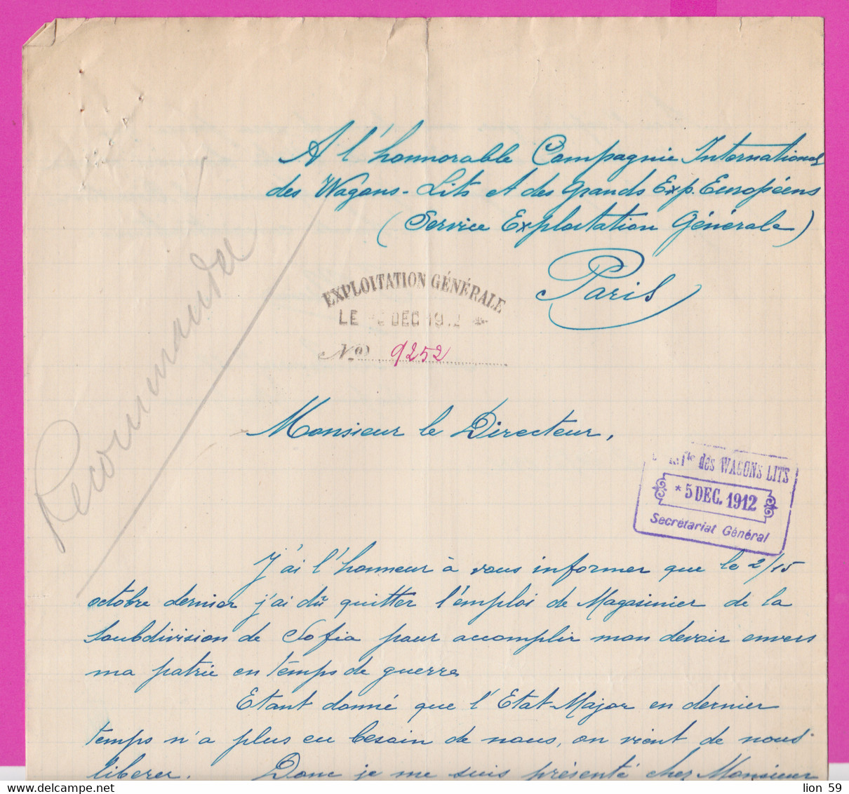 265339 / Bulgaria Sofia 1912 - Document  To Compagnie Internationale Des Wagons-Lits , Secretariat General  France Paris - Transportmiddelen