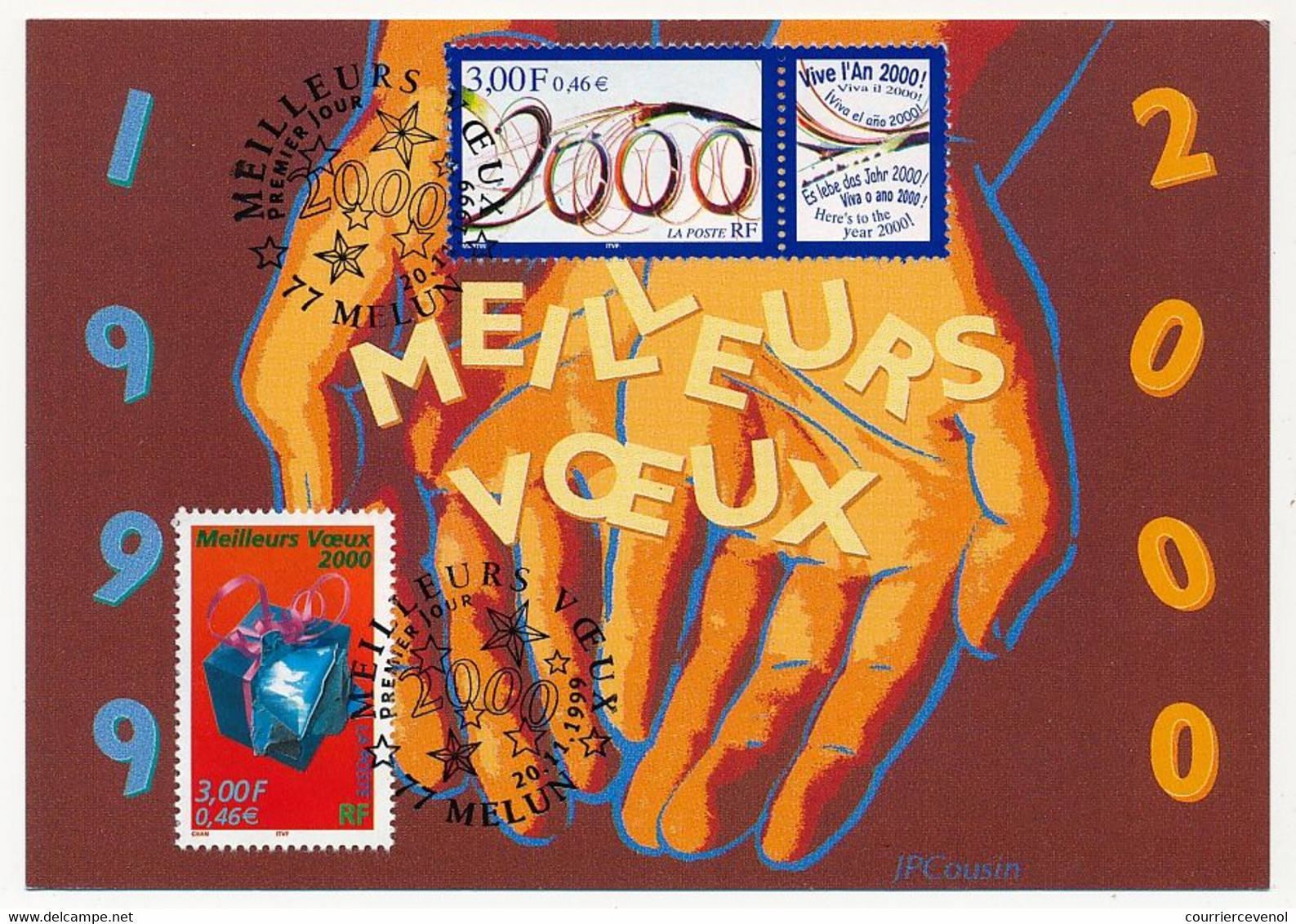 FRANCE - Carte Maximum 3,00 / 0,46E Meilleurs Voeux X2  - Premier Jour Melun 20/1/1999 - 1990-1999