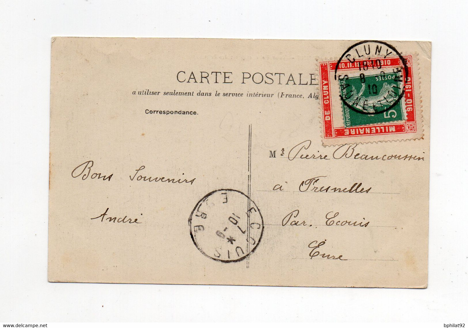 !!! 5C SEMEUSE SUR PORTE TIMBRE MILLENAIRE DE CLUNY SUR CPA DE 1910 - Storia Postale