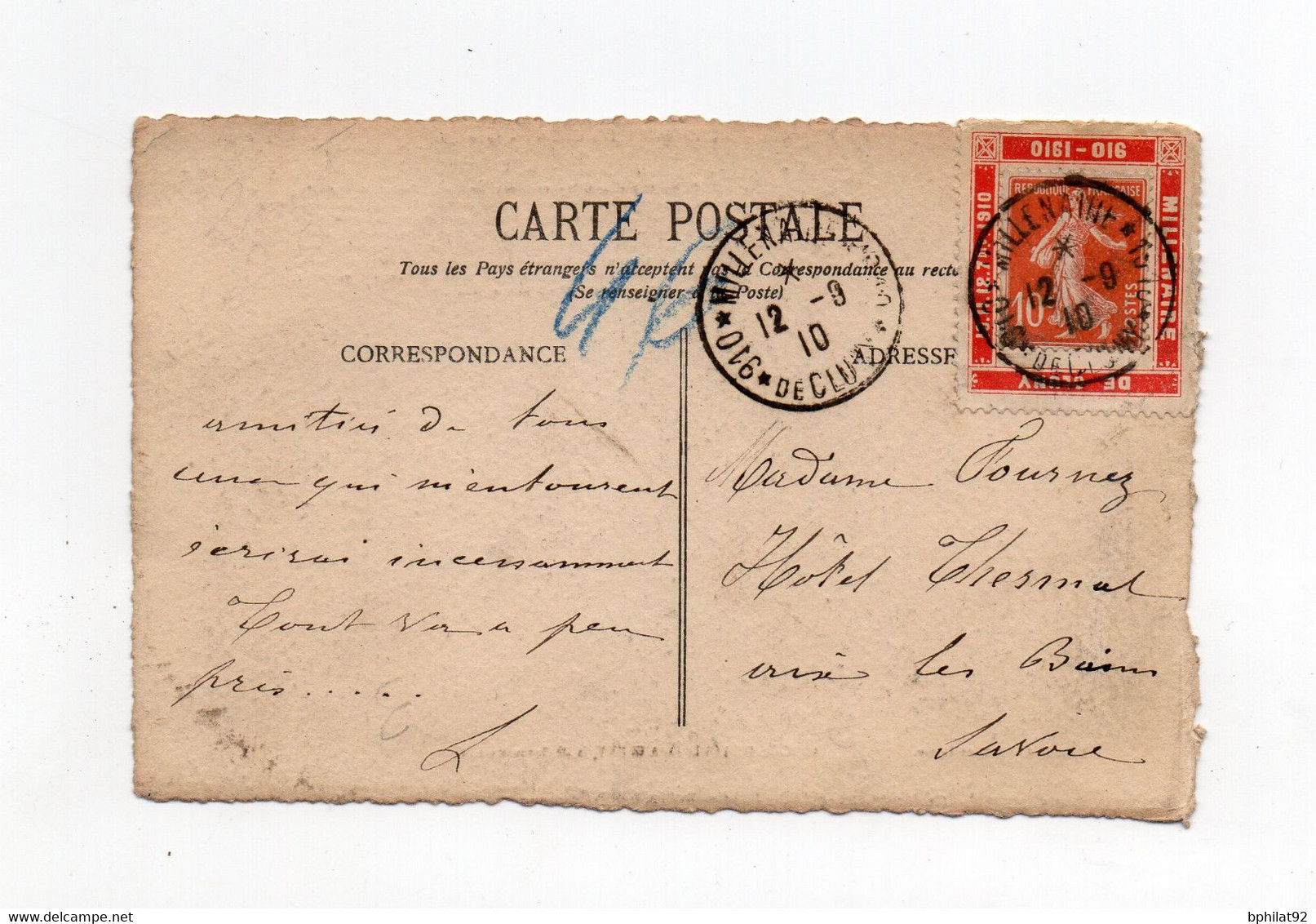 !!! 10 C SEMEUSE SUR PORTE TIMBRE MILLENAIRE DE CLUNY SUR CPA DE 1910, CACHET COMMEMO - Lettres & Documents