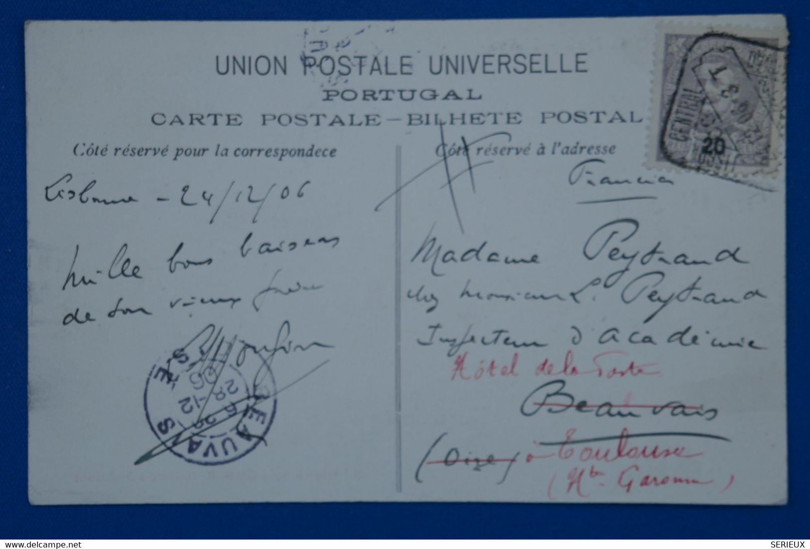 X9  PORTUGAL  BELLE CARTE  1906  LISBOA     POUR  BEAUVAIS FRANCE  + PAL. DA AJUDA+ SURCHARGE+ AFFRAN.  INTERESSANT - Lettres & Documents