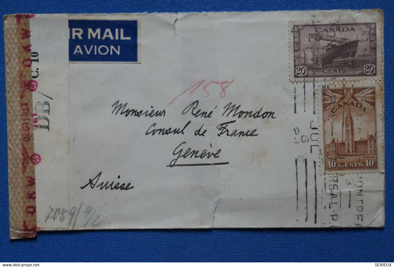 X9 CANADA  BELLE  LETTRE CENSUREE 1944 MONTREAL  POUR  GENEVE SUISSE + + AFFRAN.  PLAISANT - Lettres & Documents