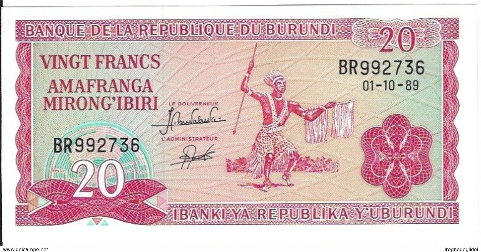 BURUNDI - 20 FRANCHI 01/10/89 - FIOR DI STAMPA - WYSIWYG - N° SERIALE BR992736 - CARTAMONETA - PAPER MONEY - Burundi