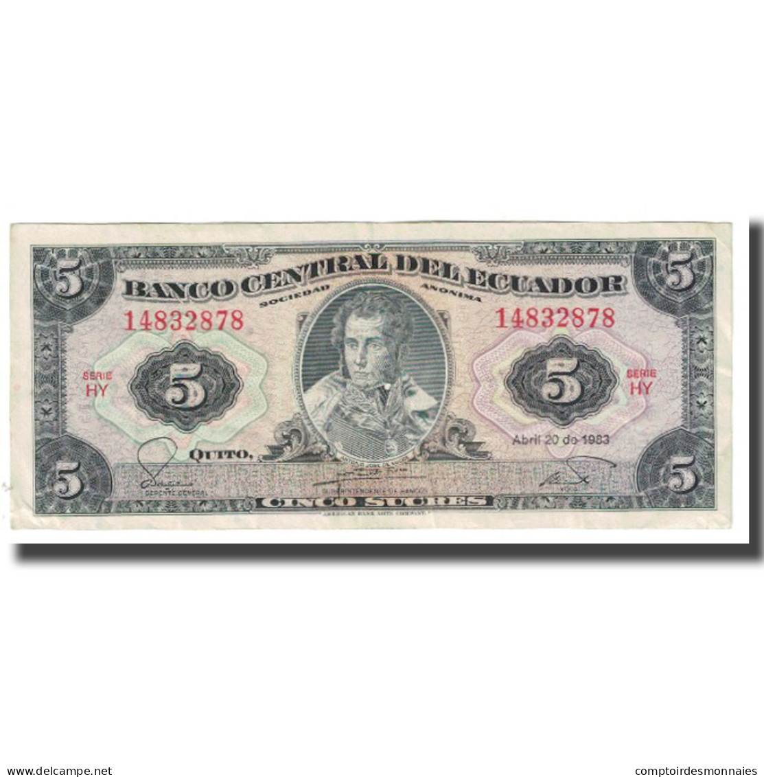 Billet, Équateur, 5 Sucres, 1983, 1983-04-20, KM:108b, TTB - Equateur