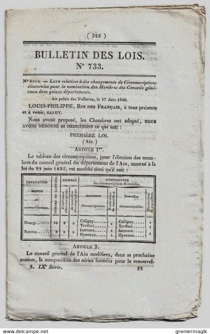 Bulletin Des Lois N°733 1840 Tarif Péage Du Pont D'Olizy (Primat - Ardennes) Sur L'Aisne/Banque De Rouen/Bourg-de-Péage - Décrets & Lois