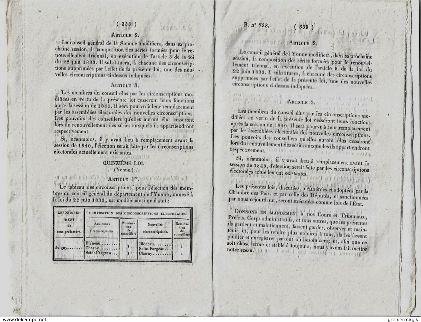 Bulletin Des Lois N°733 1840 Tarif Péage Du Pont D'Olizy (Primat - Ardennes) Sur L'Aisne/Banque De Rouen/Bourg-de-Péage - Décrets & Lois