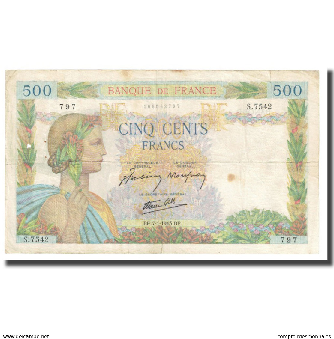 France, 500 Francs, La Paix, 1943, P. Rousseau And R. Favre-Gilly, 1943-01-07 - 500 F 1940-1944 ''La Paix''