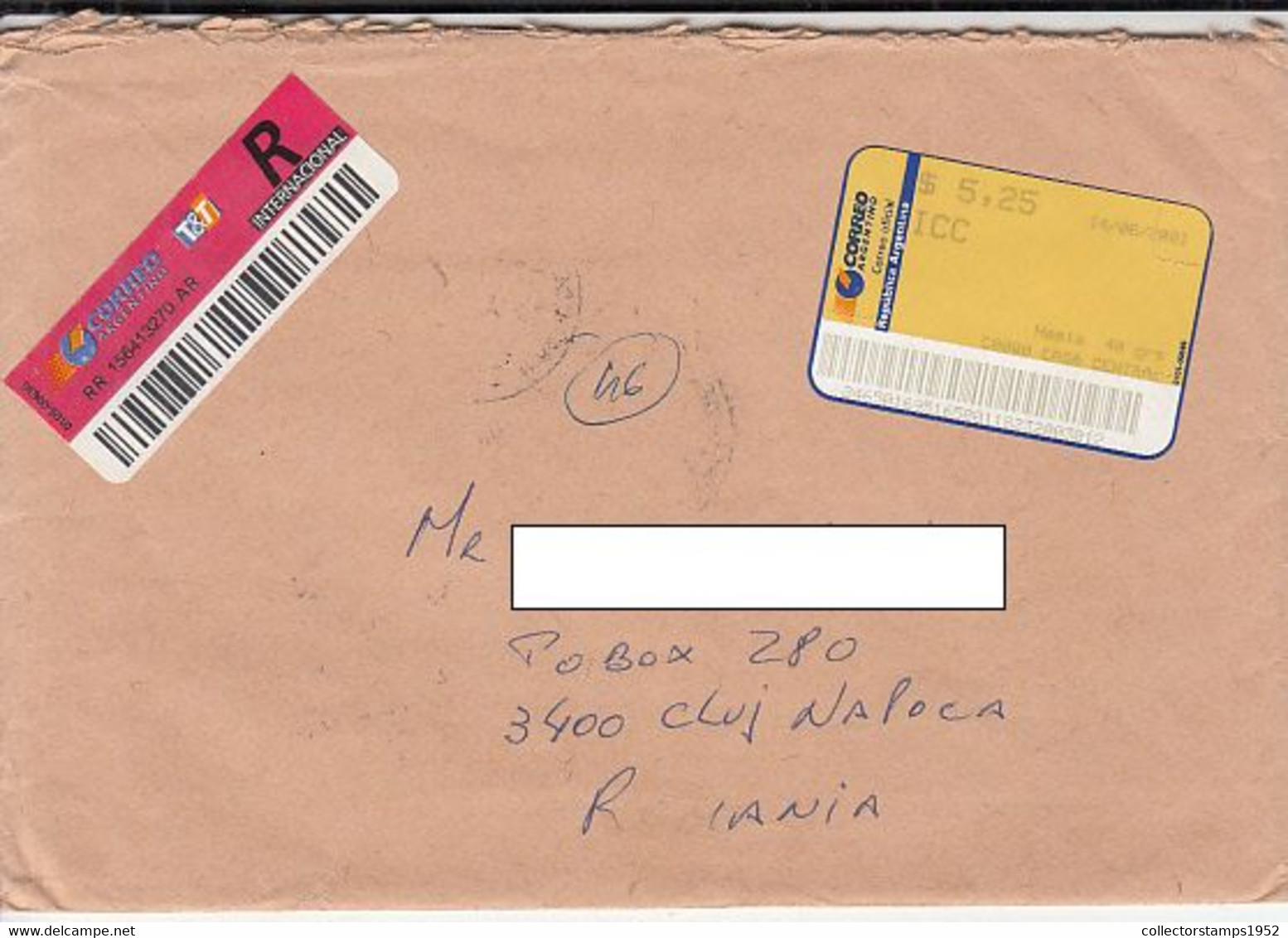 8619FM- BARCODES, AMOUNT 5.25MACHINE PRINTED STICKER STAMP ON REGISTERED COVER, 2001, ARGENTINA - Covers & Documents