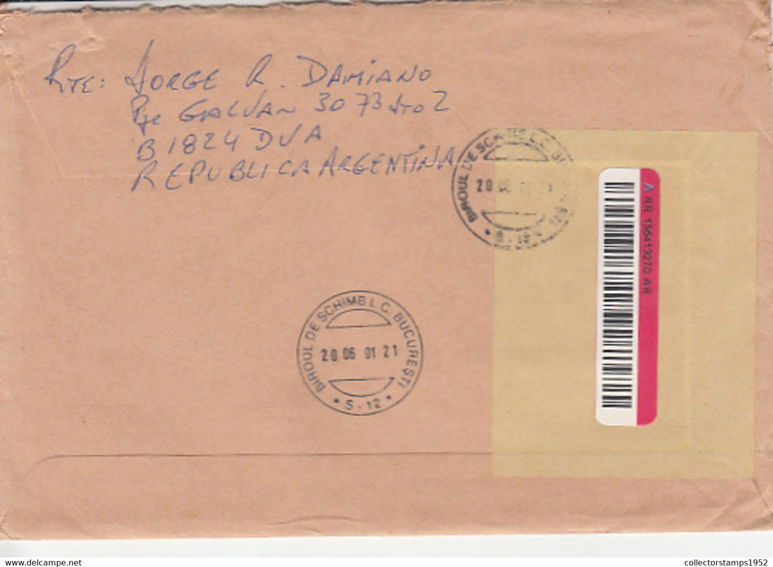 8619FM- BARCODES, AMOUNT 5.25MACHINE PRINTED STICKER STAMP ON REGISTERED COVER, 2001, ARGENTINA - Brieven En Documenten