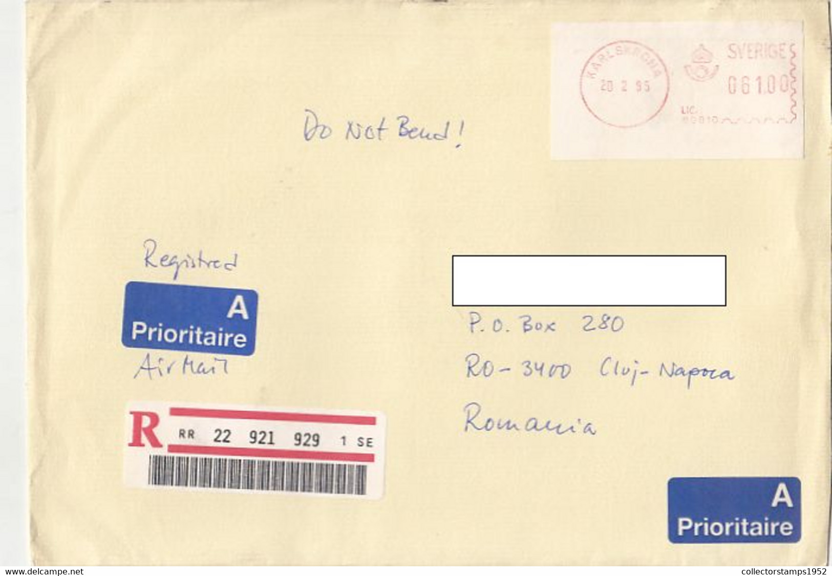 8631FM- KARLSKRONA, AMOUNT 61, RED MACHINE STAMPS ON REGISTERED COVER, 1995, SWEDEN - Lettres & Documents