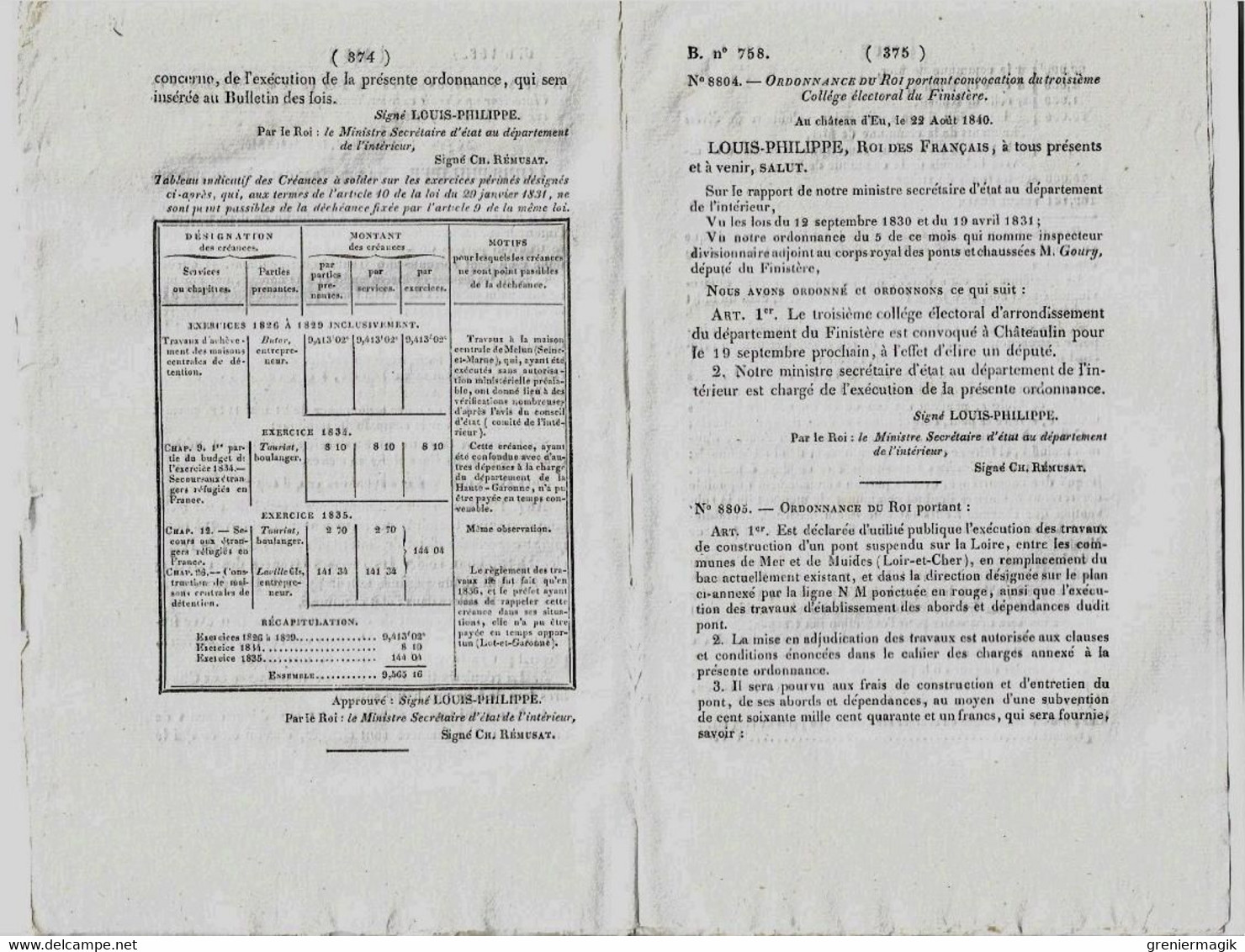 Bulletin Des Lois N°758 1840 Tarif Péage Pont Suspendu Sur La Loire Entre Mer Et Muides (Loir-et-Cher)/Châteaulin Goury - Decrees & Laws