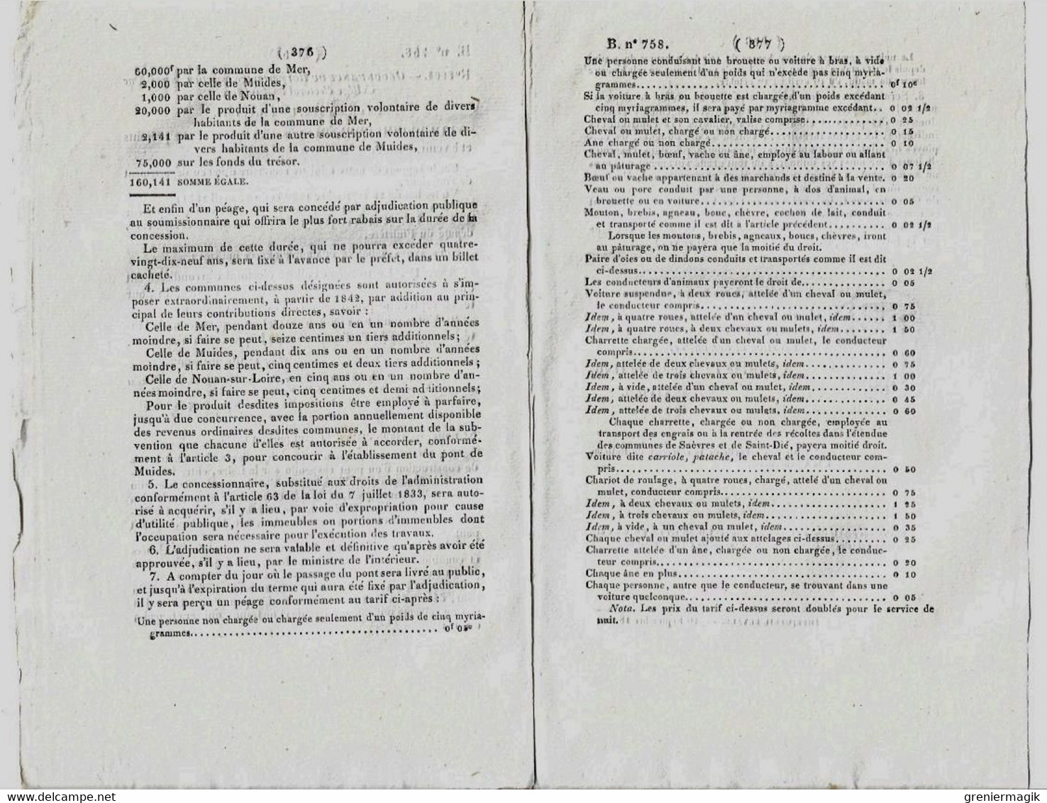 Bulletin Des Lois N°758 1840 Tarif Péage Pont Suspendu Sur La Loire Entre Mer Et Muides (Loir-et-Cher)/Châteaulin Goury - Decrees & Laws