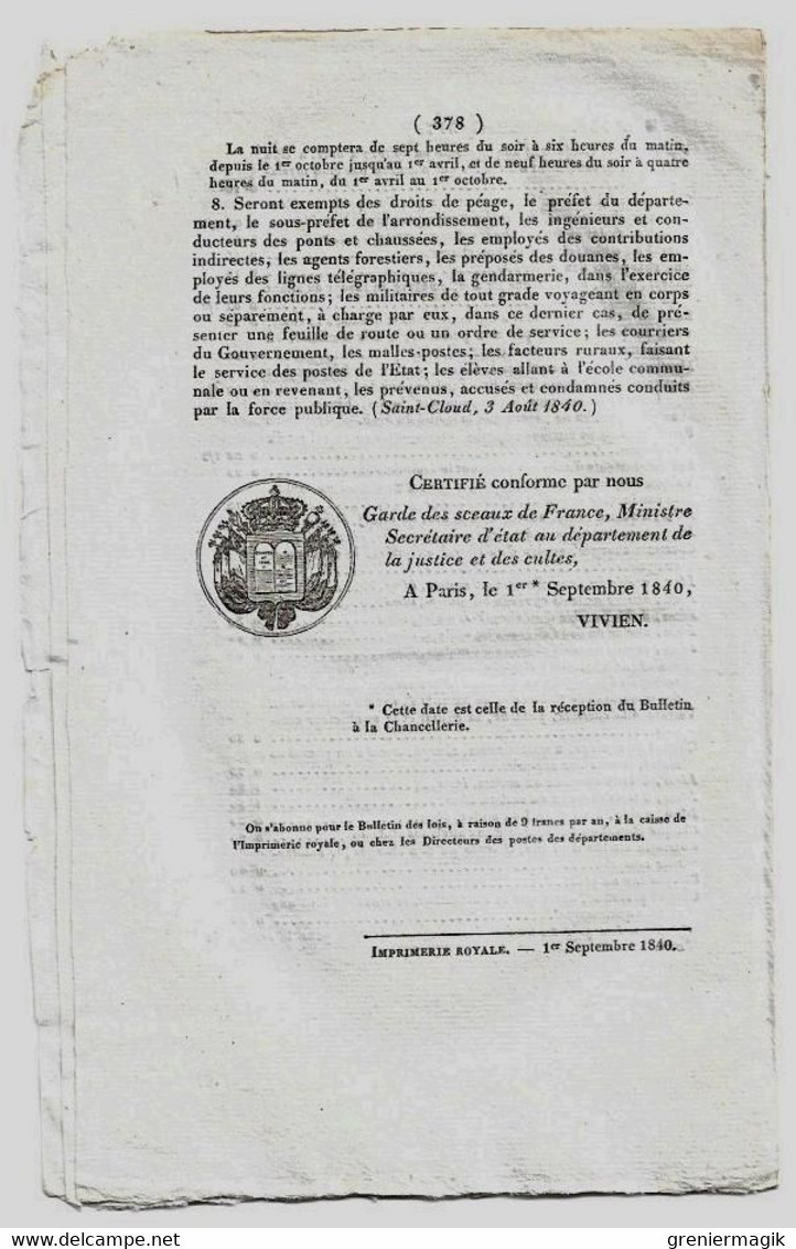 Bulletin Des Lois N°758 1840 Tarif Péage Pont Suspendu Sur La Loire Entre Mer Et Muides (Loir-et-Cher)/Châteaulin Goury - Decrees & Laws