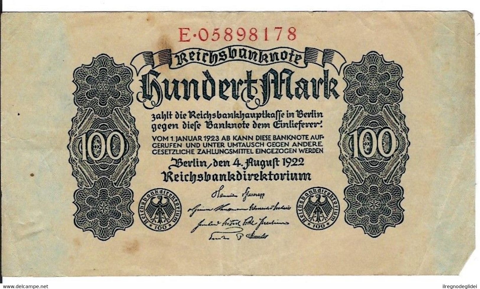 GERMANIA IMPERO 100 REICHSMARK 1922 - WYSIWYG  - N° SERIALE E05898178 - CARTAMONETA - PAPER MONEY - 100 Mark