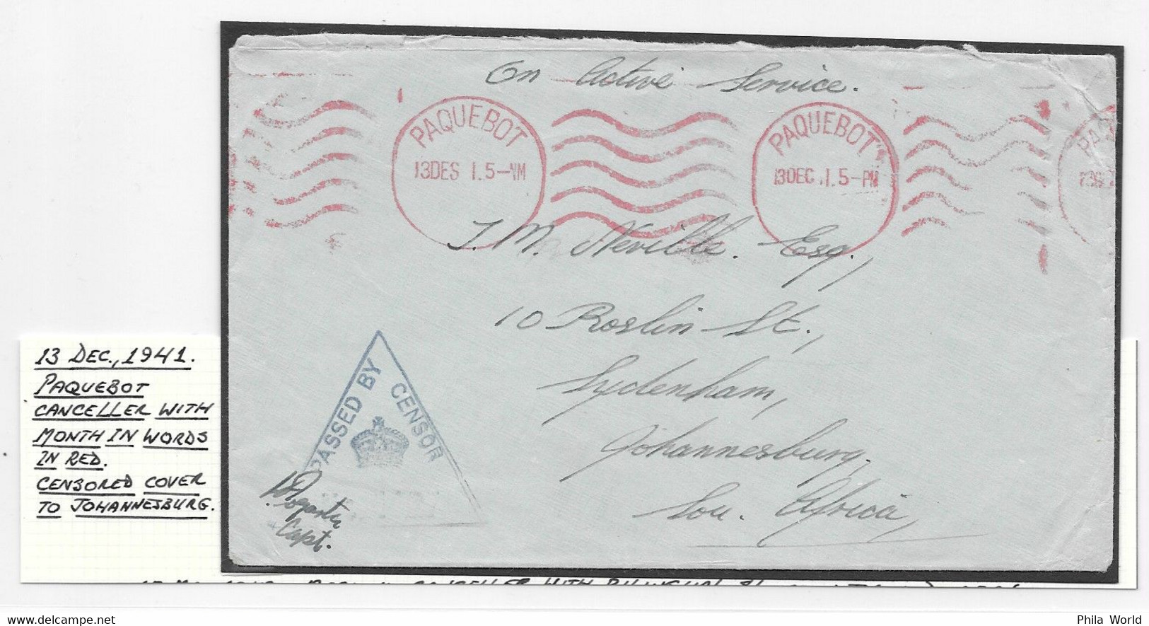 MARITIME MAIL PAQUEBOT Cancel 1941 WW2 ON ACTIVE SERVICE Cover SOUTH AFRICA British NAVAL Censored - Marítimo