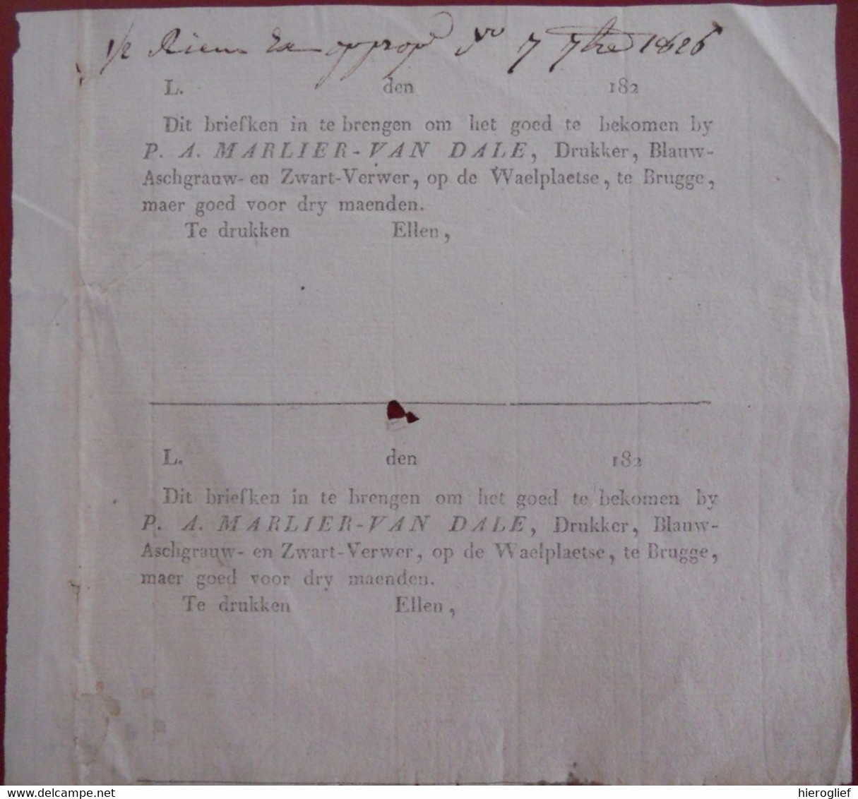 BRUGGE +- 1820 Ontvangstbewijs Stoffen P.A. MARLIER VAN DALE Drukker Blauw- Aschgrauw- En Zwart-verwer Op De WAELPLAETSE - Historische Documenten
