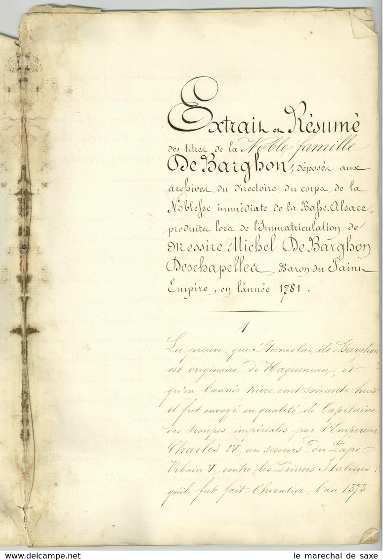 Noblesse BARGHON DES CHAPELLES baron du Saint-Empire 1781 manuscrit Alsace Haguenau Strasbourg