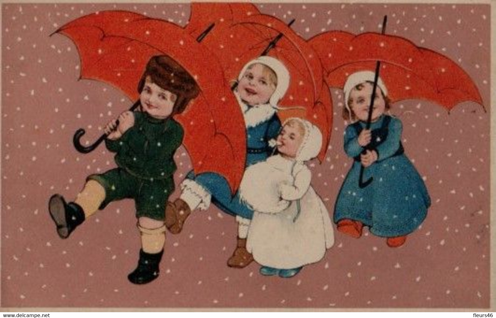 Illustrée Glacée : Enfants Marchant Sous Des Parapluies Rouges . Neige - Gruppen Von Kindern Und Familien