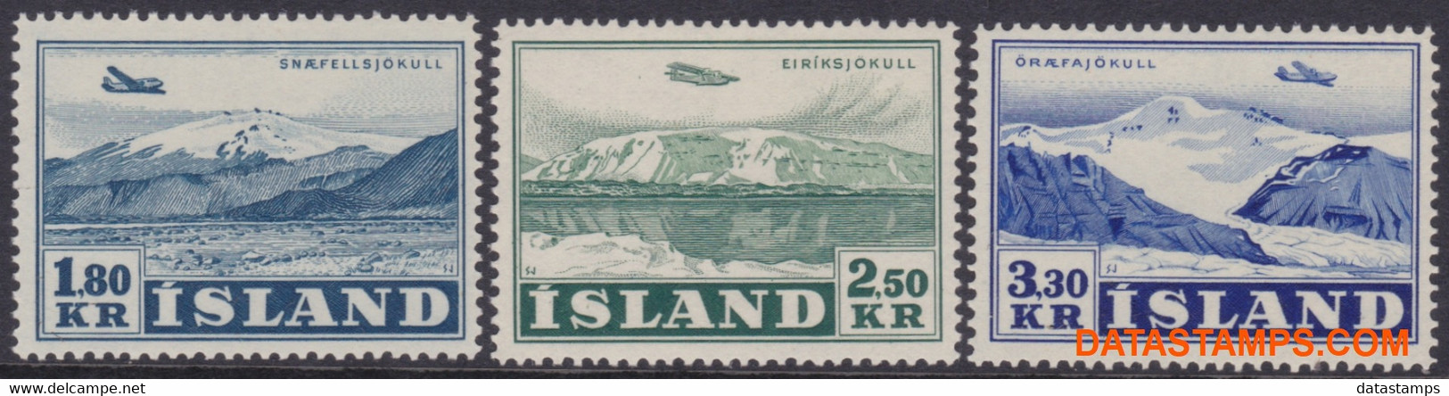 Ijsland 1952 - Mi:278/280, Yv:PA 27/29, Airmail Stamps - XX - Plane Above Landscapes - Luchtpost