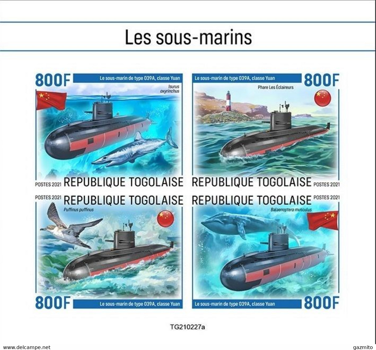 Togo 2021, Submarines, Bird, Shark, Whale, Lighthouse, 4val In BF IMPERFORATED - Marine Web-footed Birds