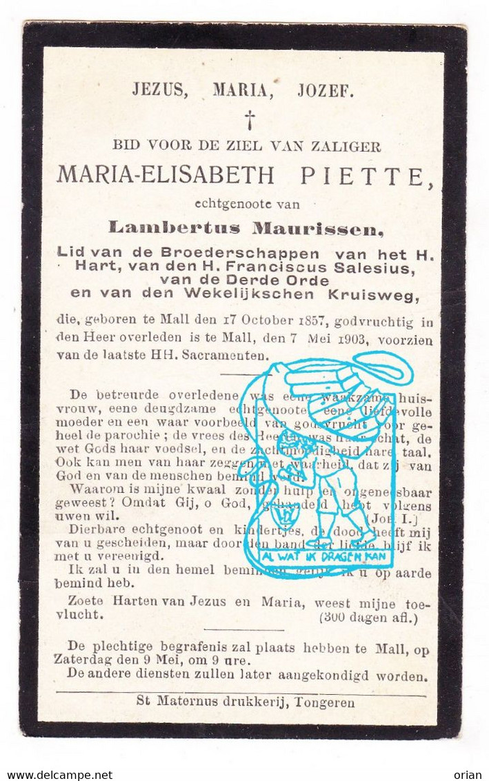 DP Maria Elisabeth Piette ° Mall Mal Tongeren 1857 † 1903 X Lambertus Maurissen - Santini