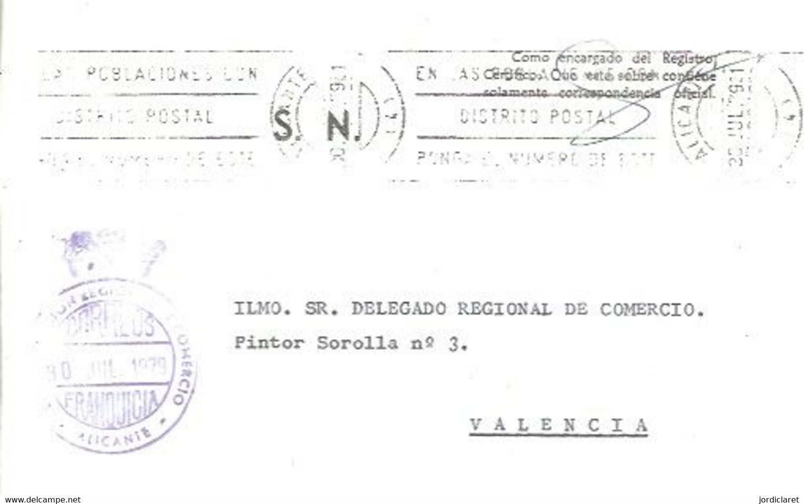 DELEGACION REGIONAL DE COMERCIO  1979  ALICANTE - Vrijstelling Van Portkosten
