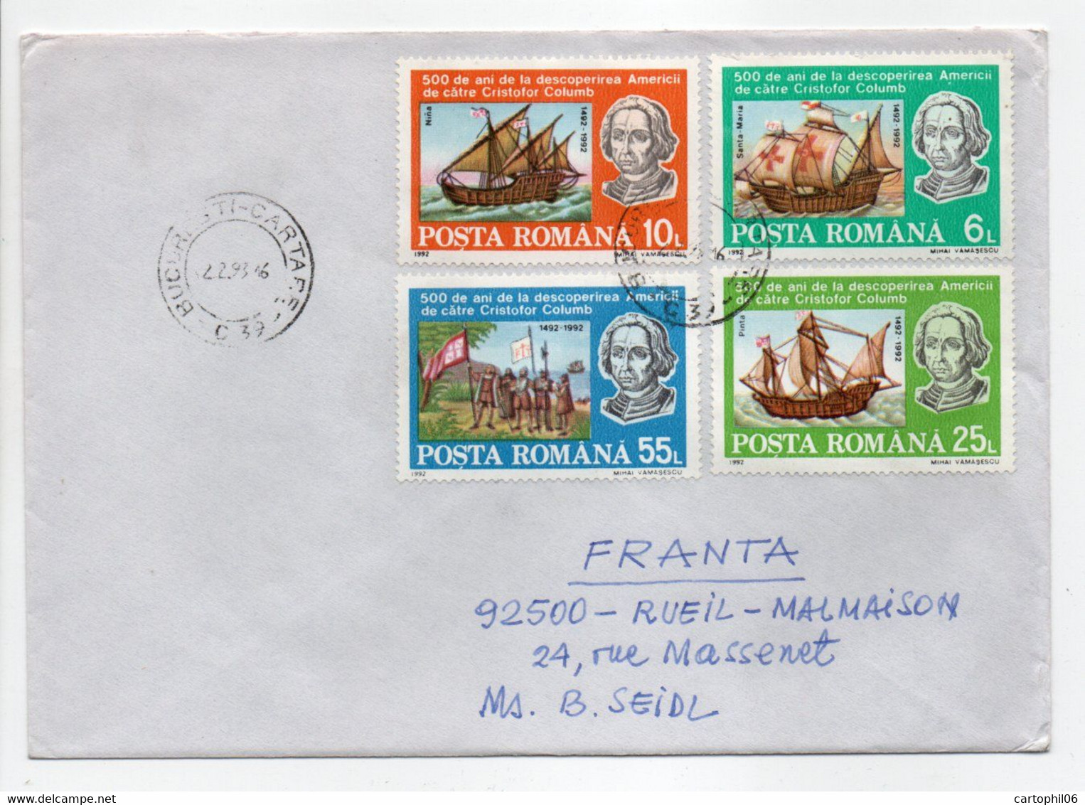 - Lettre BUCAREST (Roumanie) Pour RUEIL-MALMAISON (France) 2.2.1993 - Découverte Amérique Christophe COLOMB - - Storia Postale