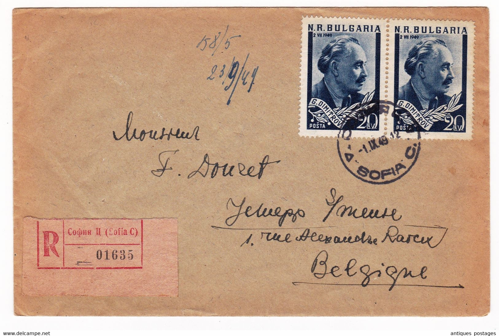 Lettre Recommandée 1949 Bulgarie Sofia Bulgaria Pair Stamp Georgi Mikhailov Dimitrov Георги Димитров - Storia Postale