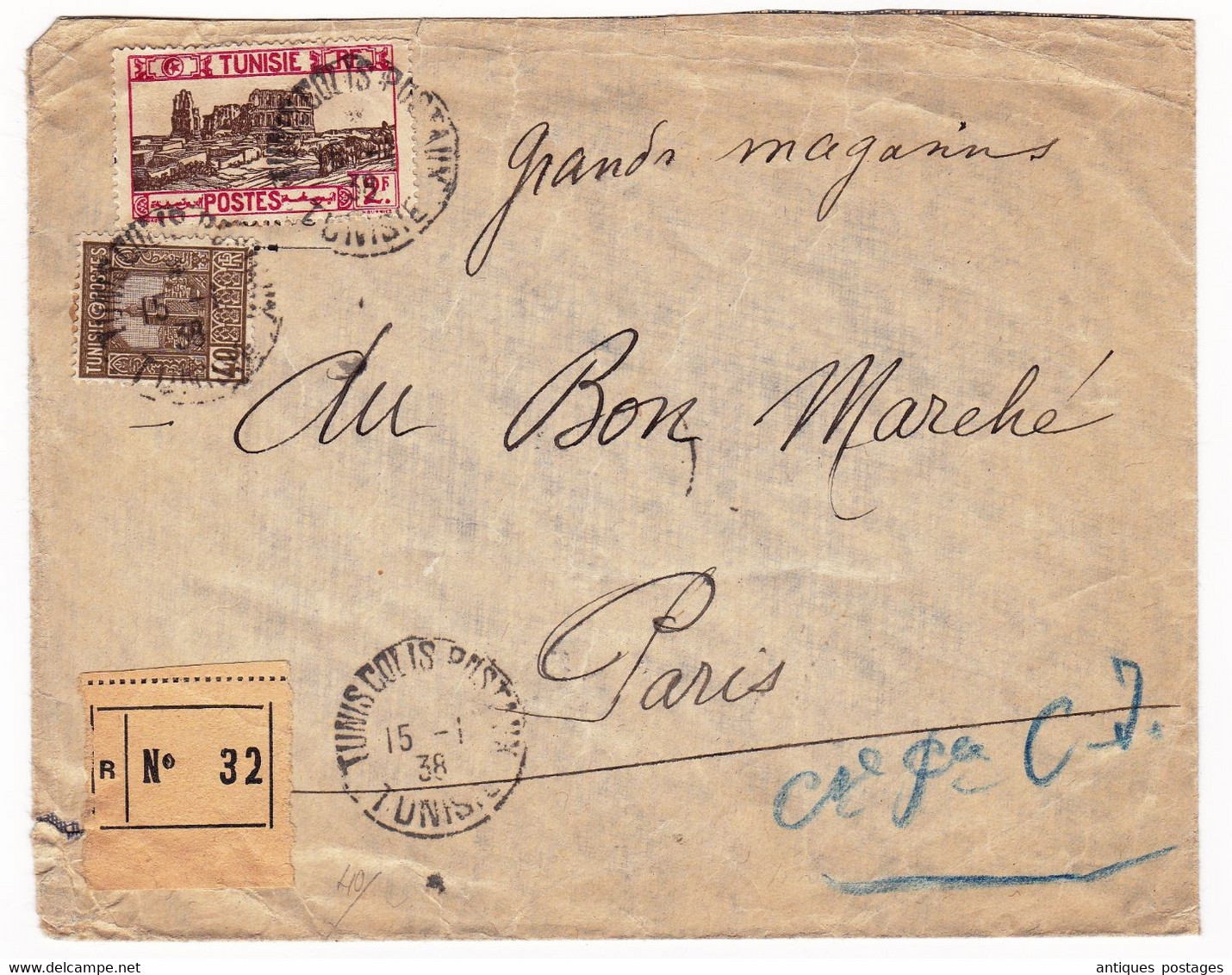 Lettre 1938 Tunisie Tunis Colis Recommandé Le Bon Marché Paris - Briefe U. Dokumente