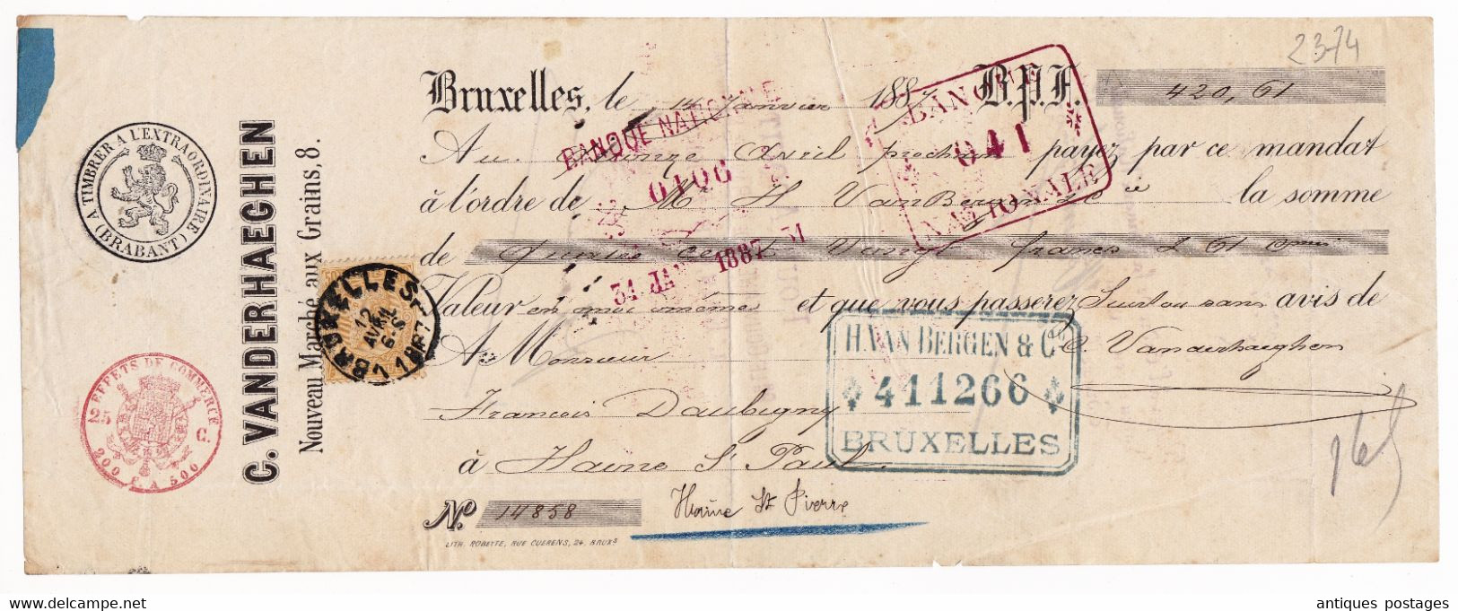 Quittance Banque 1887 Vanderhaeghen Nouveau Marché Aux Grains Bruxelles Belgique Banque Nationale - 1884-1891 Leopold II.