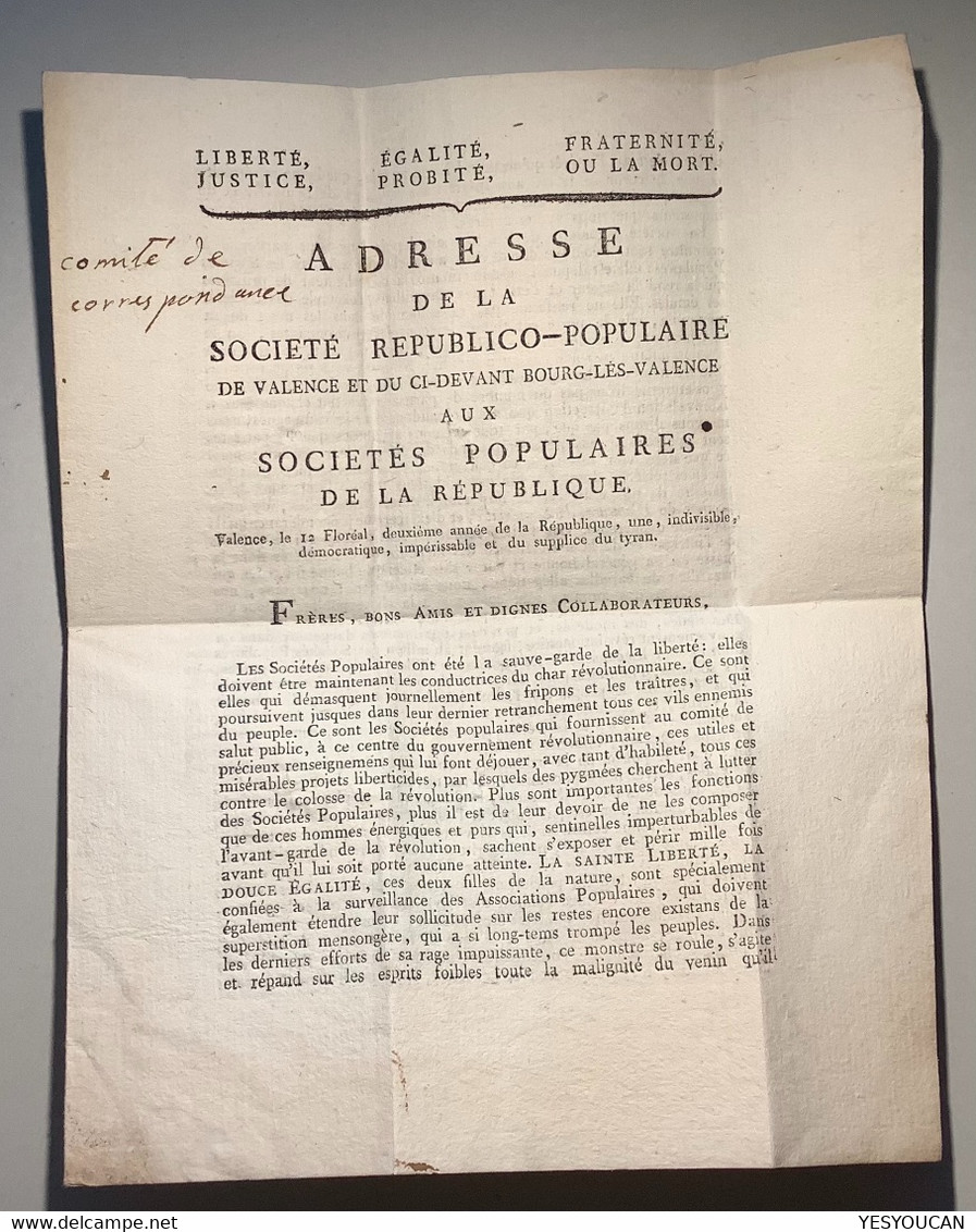25 VALENCE Lettre An 2 1794 SOCIÉTÉ POPULAIRE REVOLUTION FRANÇAISE (cover French Revolution France Drome - 1701-1800: Vorläufer XVIII