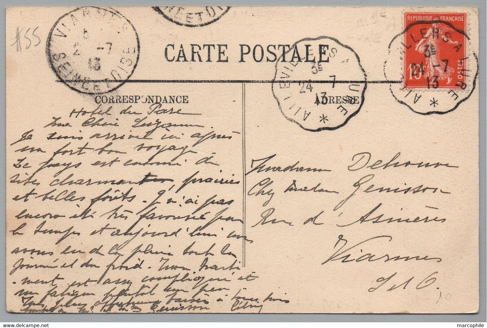 AILLEVILLERS A LURE - CONVOYEUR LIGNE # 55 /1913 OBLITERATION SUR CARTE POSTALE ==> VIARMES (ref 8462e) - Bahnpost