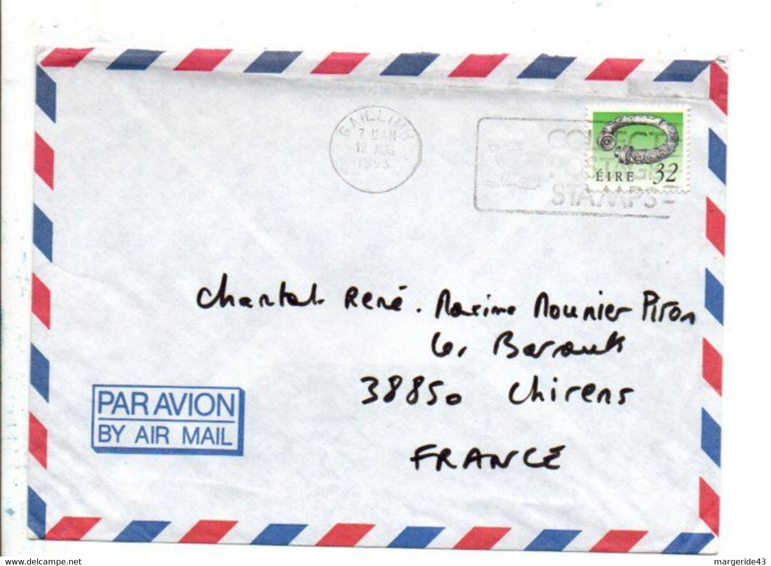 EIRE IRLANDE LETTRE DE GAILLIMH POUR LA FRANCE 1993 - Storia Postale