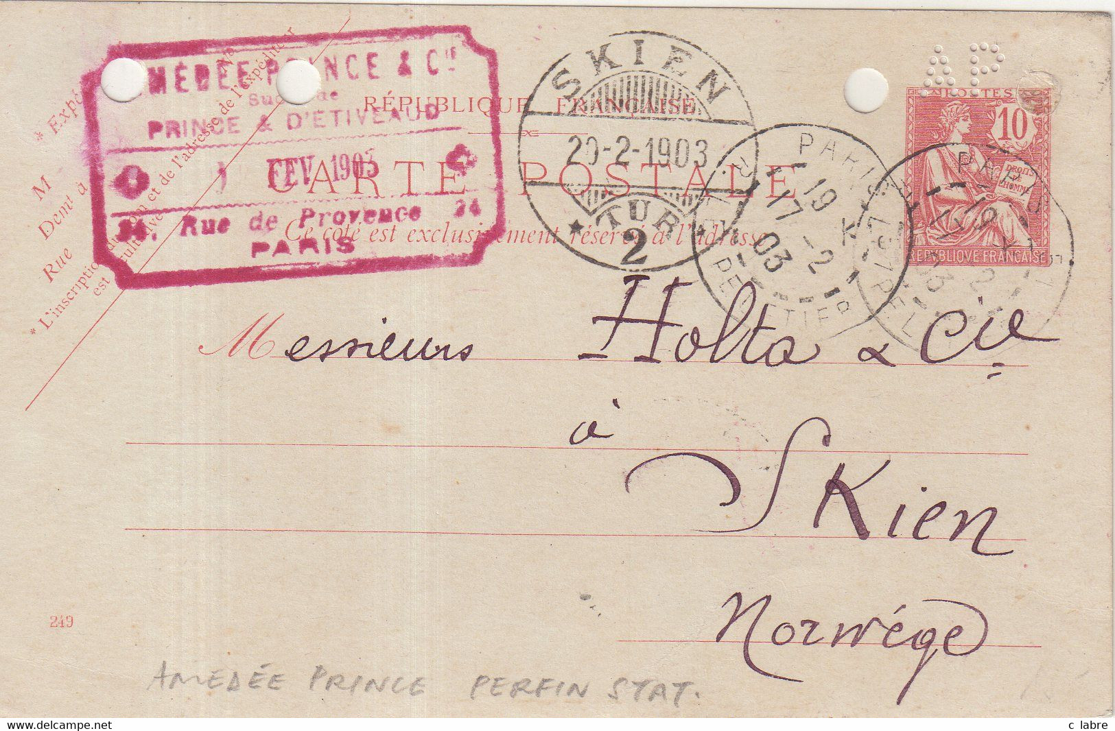 FRANCE : ENTIER POSTAL . 15 Cts  . TYPE MOUCHON RETOUCHE . CP . OBL . PERFORE " AP " . ( DEFAUTS ) . 1903 . - Standaardpostkaarten En TSC (Voor 1995)