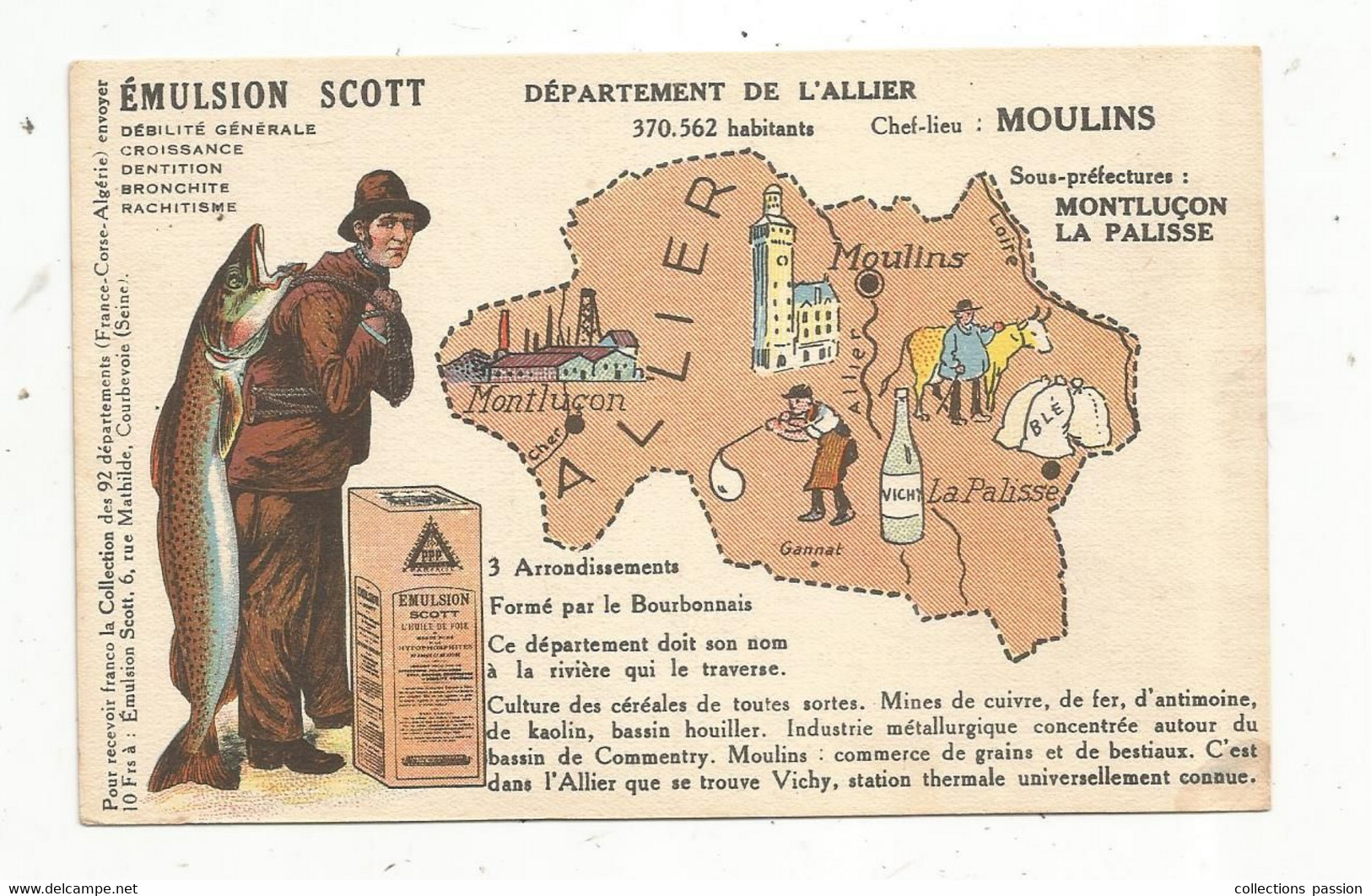 Cp,  Publicité , EMULSION SCOTT , Carte Géographique ,ALLIER ,vierge - Werbepostkarten