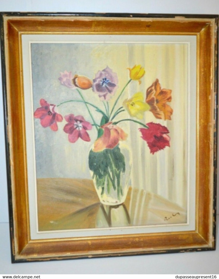 GRANDE HUILE Sur TOILE NATURE MORTE BOUQUET Signée Coloré Cadre Bois Noir & Doré Collection Déco XXe - Olii