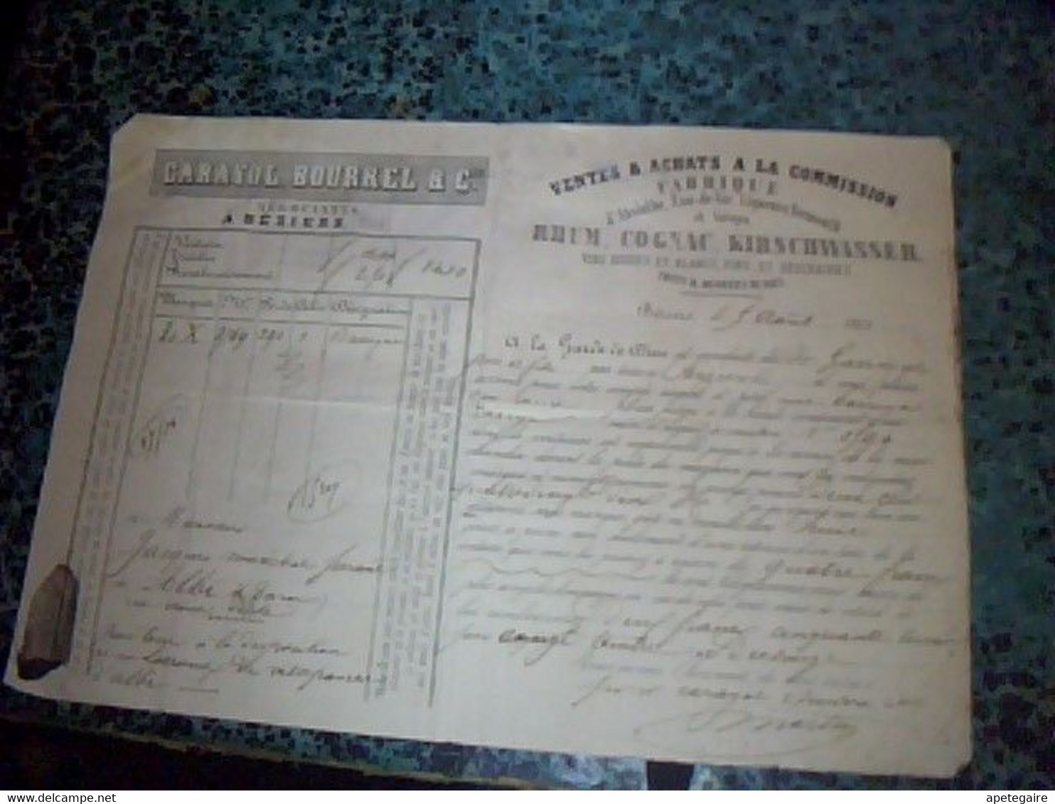 1861 Vieux Papier Document Commercial Vente Achat Rhum Cognac Kirch Wasser , Carayol Bourrel à Béziers - Fiscali