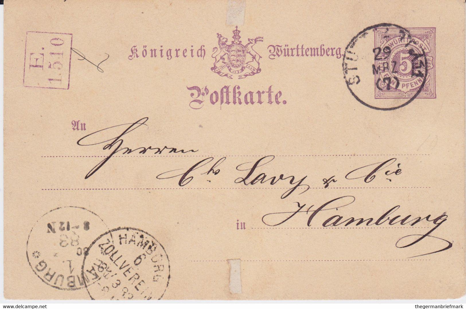 Württemberg Gzs Stuttgart Aku Haller Maschinenstempel Hamburg 1883 (1) - Franking Machines (EMA)