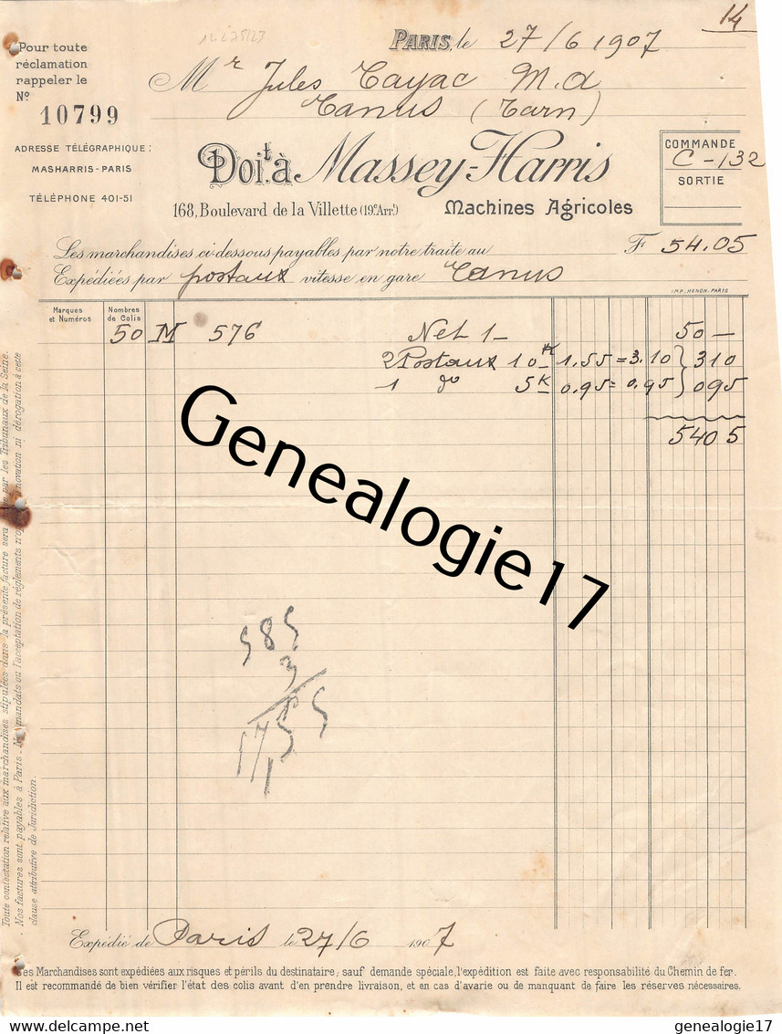 75 23893 PARIS SEINE 1907 Machines Agricoles MASSEY - HARRIS Machine Agricole Avenue Jean Jaures Dest TAYAC De TANUS - Landbouw