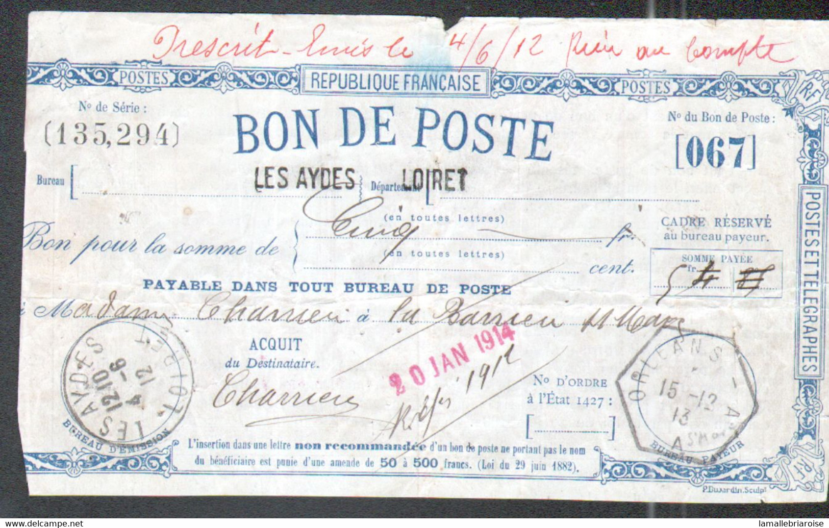 Loiret, Bon De Poste Du Bureau Des Aydes, Verso Cachet D'Orleans Au Verso - Documents Of Postal Services