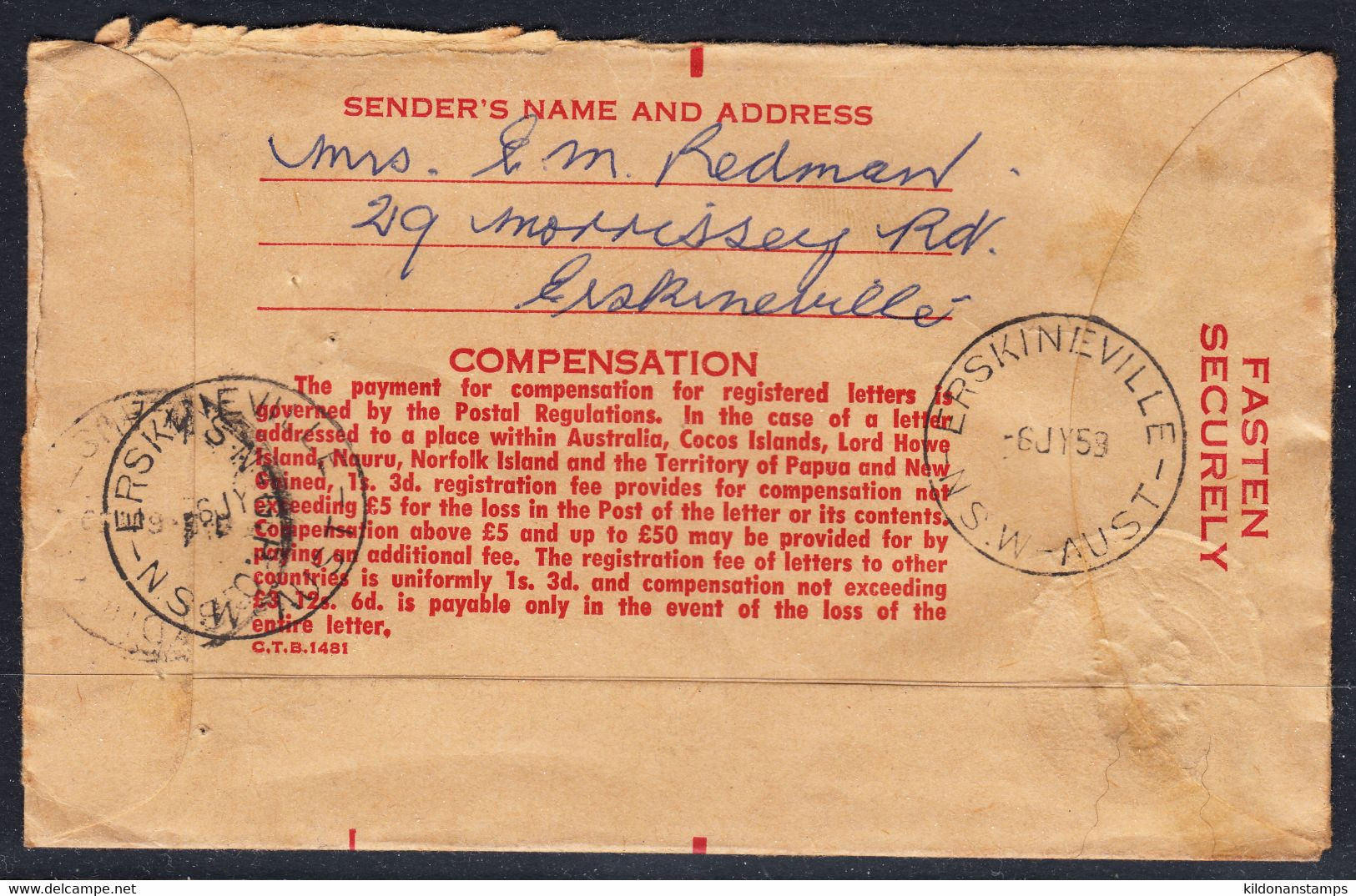 Australia Pre-paid Registered, Postmark Jul 6, 1959, - Cartas & Documentos