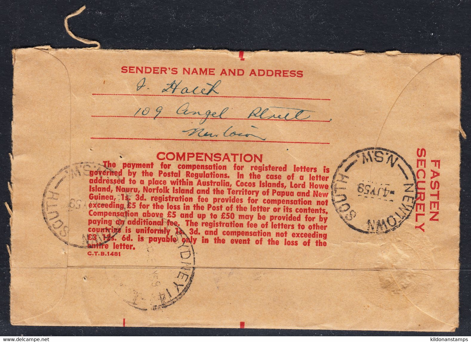 Australia Pre-paid Registered, Postmark Jul 4, 1959, - Covers & Documents