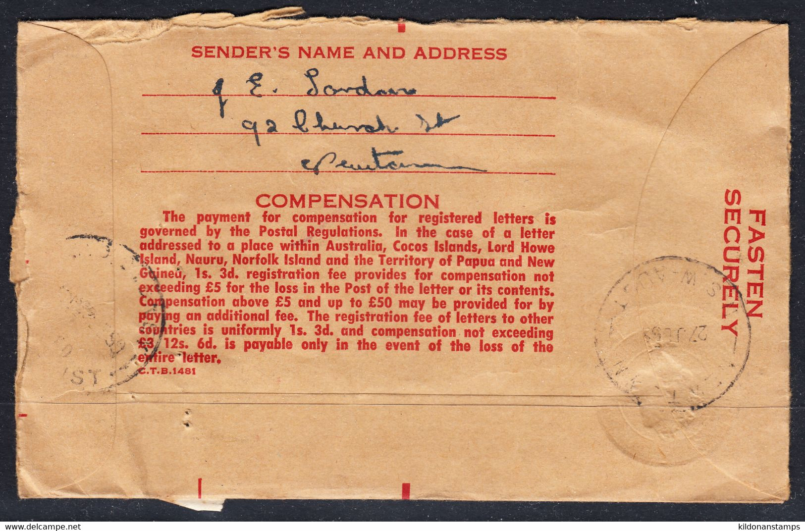 Australia Pre-paid Registered, Postmark 1959 - Brieven En Documenten