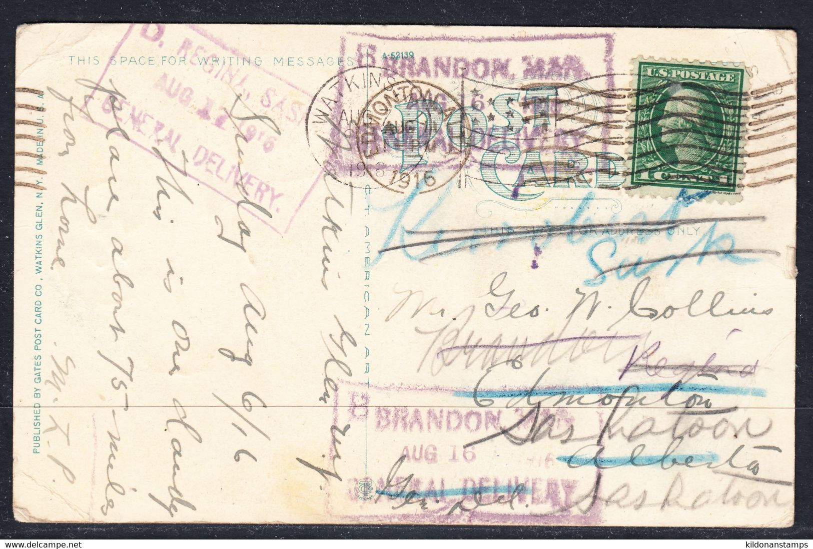 USA Postcard, Postmark Aug 11, 1916 - Storia Postale