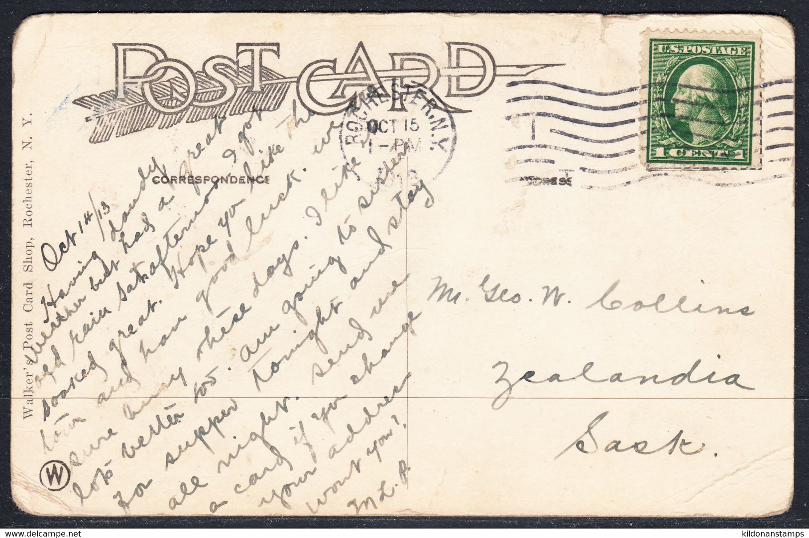 USA Postcard, Postmark Oct 15, 1913 - Storia Postale