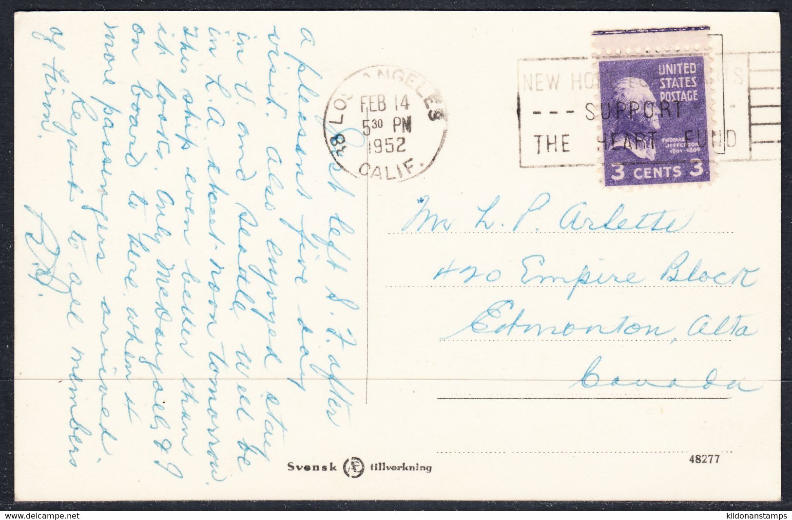 USA Postcard, Postmark Feb 14, 1952 - Brieven En Documenten