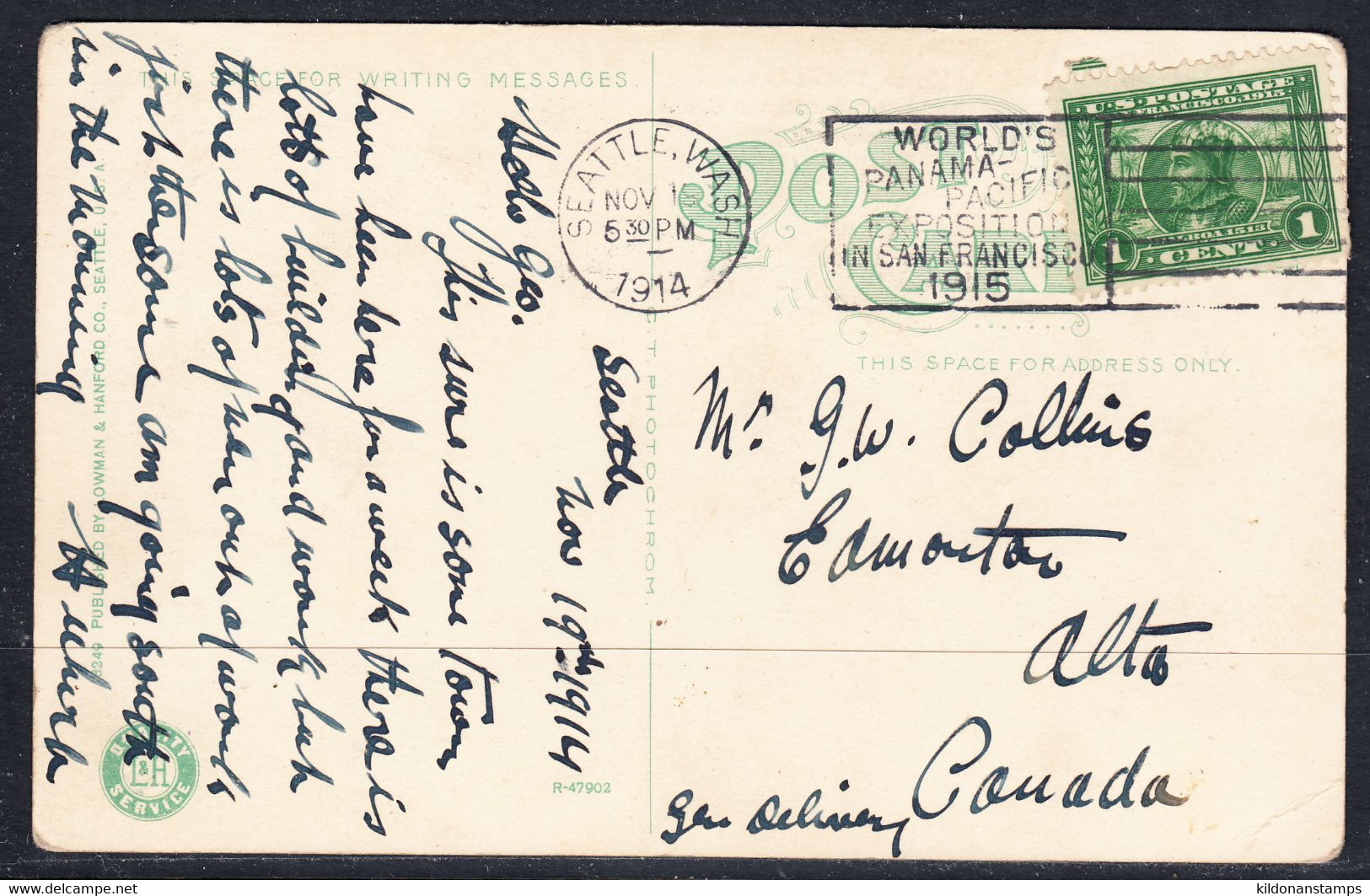 USA Postcard, Postmark Nov 18, 1914 - Brieven En Documenten