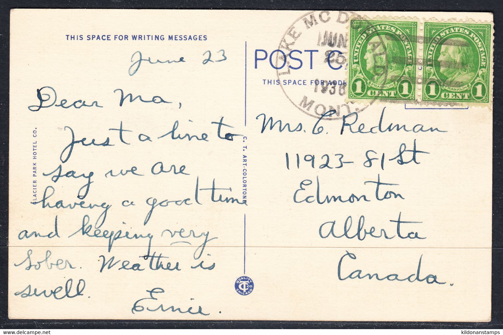 USA Postcard, Postmark Jun 25, 1936 - Lettres & Documents