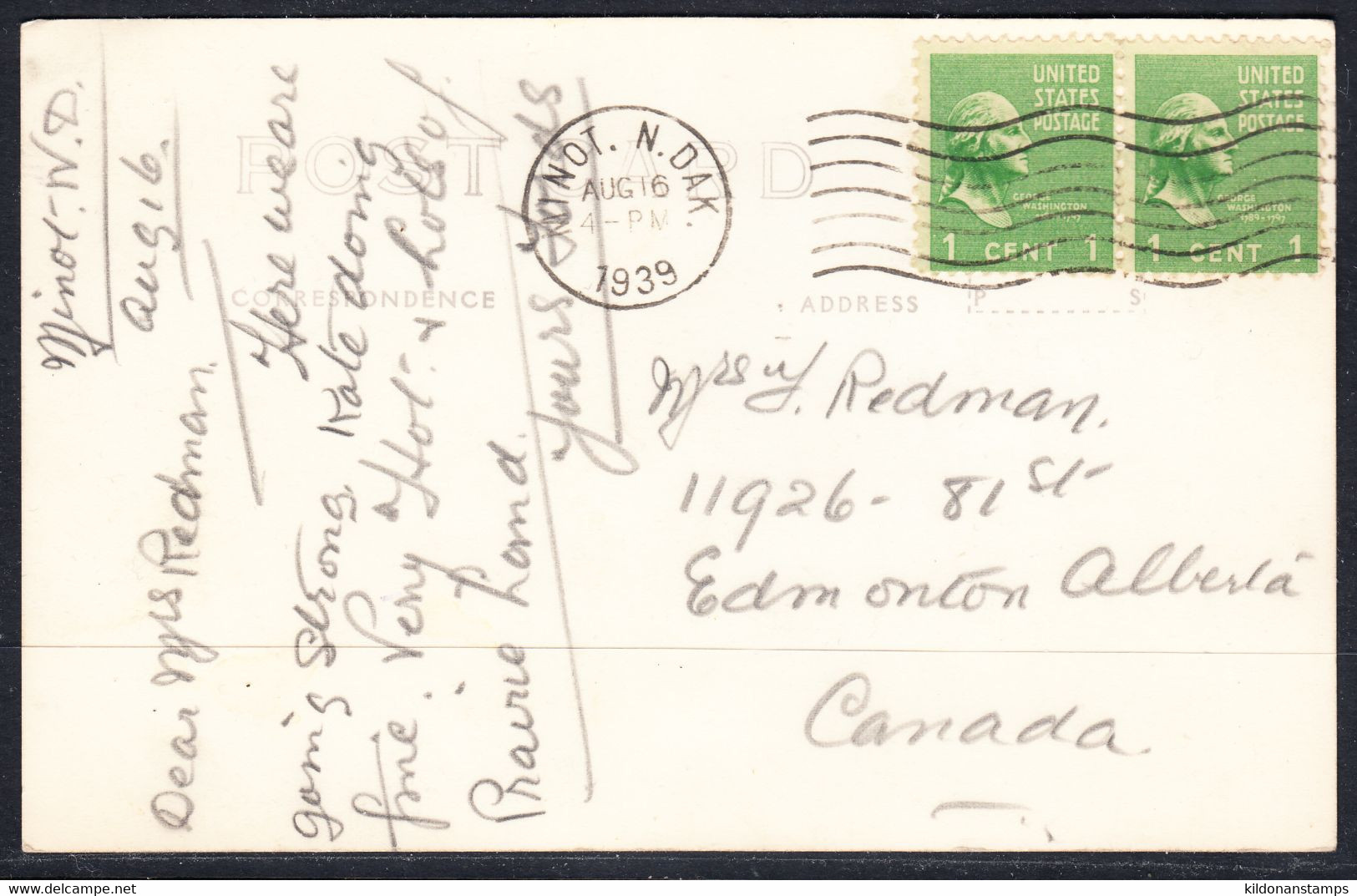 USA Postcard, Postmark Aug 16, 1939 - Brieven En Documenten